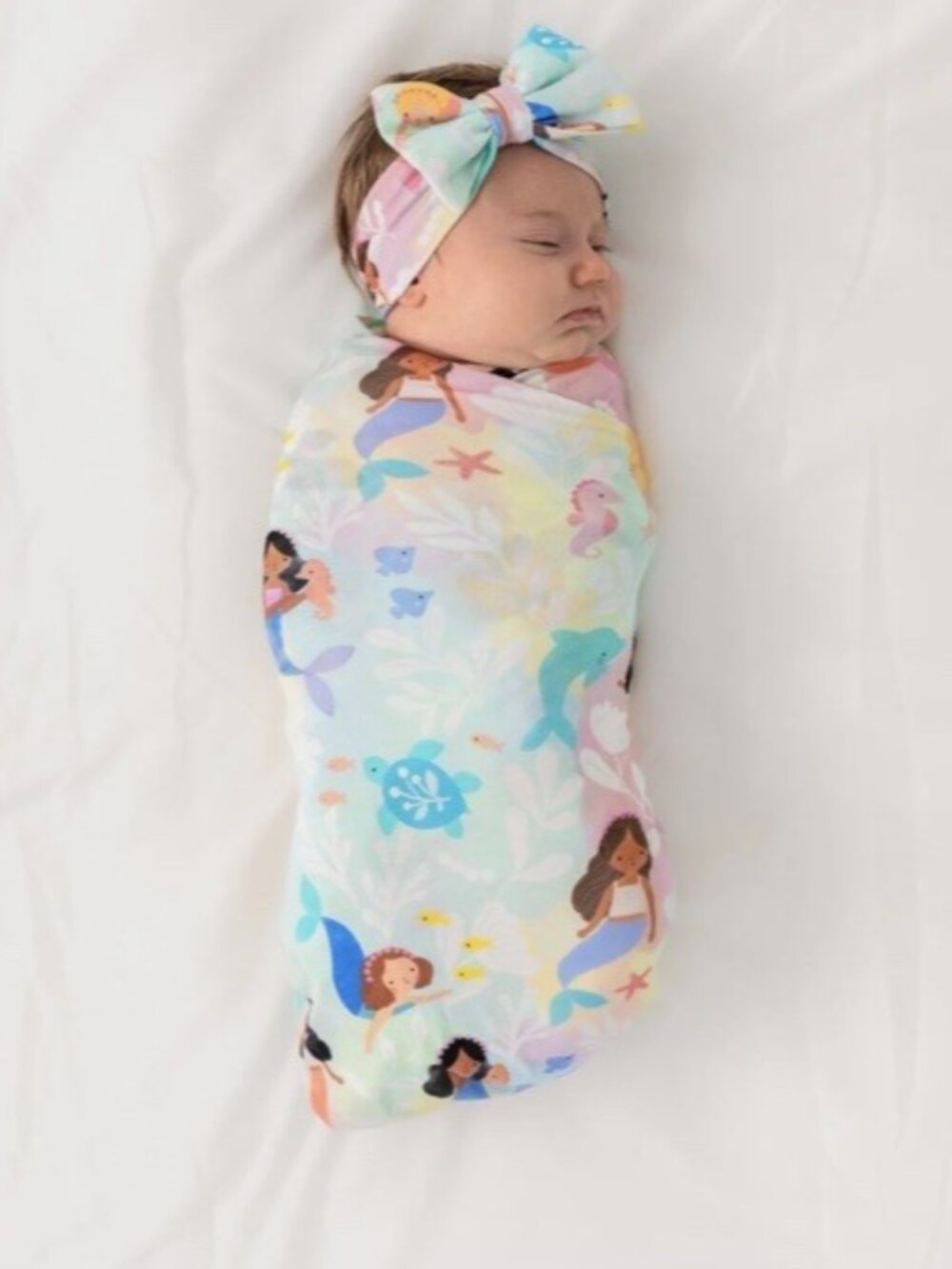 NIB Little Sleepies Mystic Mermaids Swaddle & Luxe Bow Headband Photo Bamboo